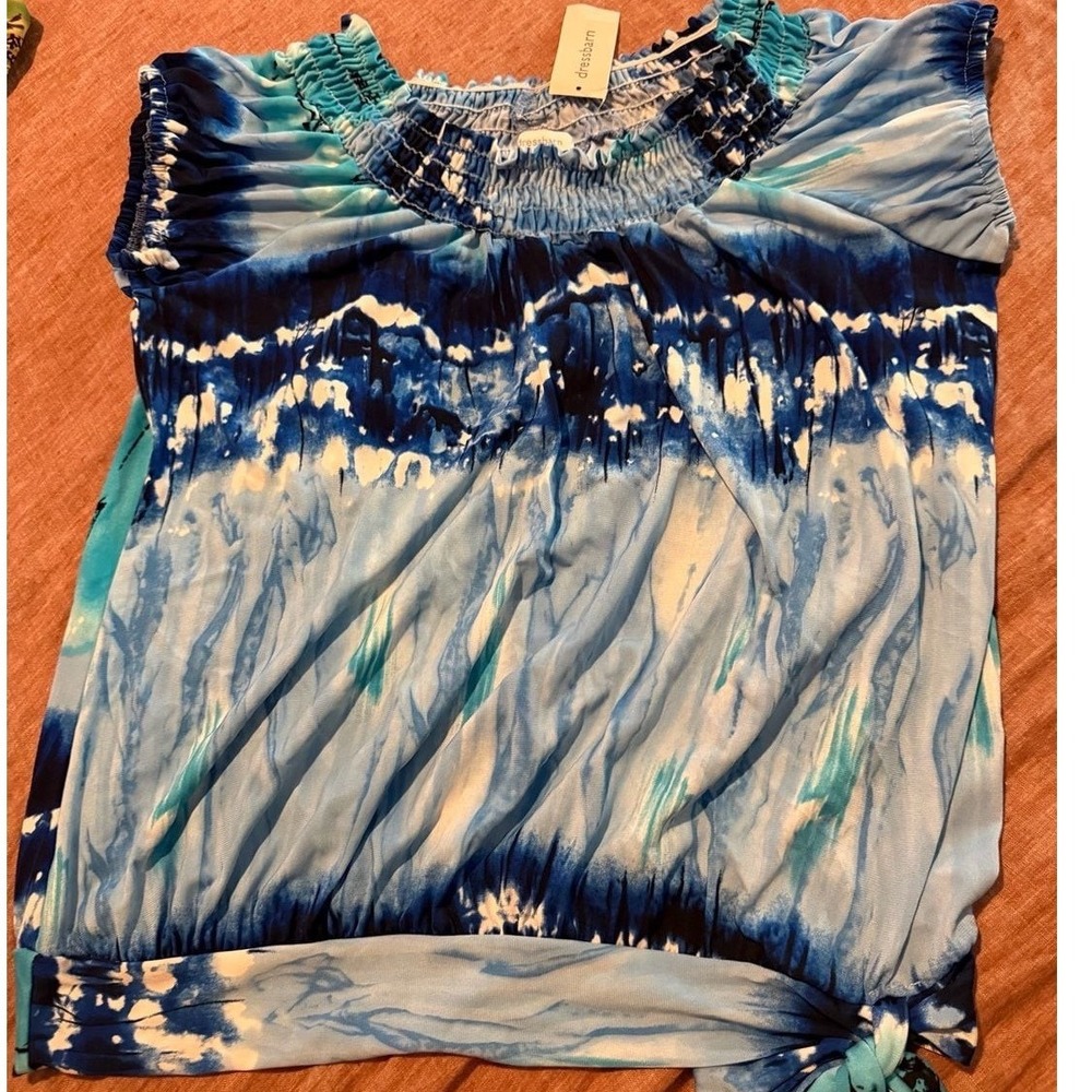 Dressbarn Womens Large Blue Tie‎ Dye Smocked Neck Side Tie Sleeveless Blouse NWT